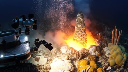 Remote operated vehicle captures underwater volcanic eruption among colorful coral formations. Deep-sea environment filled with diverse marine life and volcanic activity