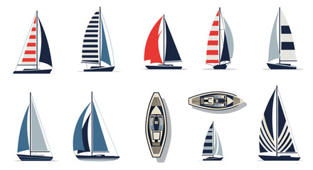 Variety of sailboats in different designs and colors on white background.