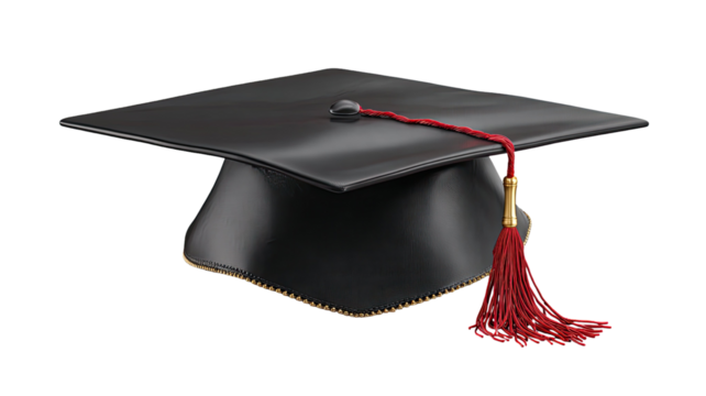 A black graduation cap with a tassel and diploma represents academic success and achievement