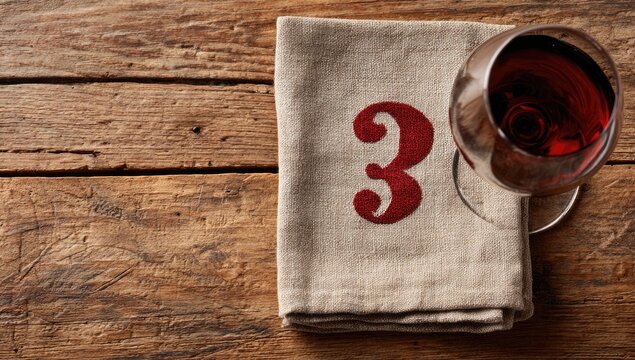 A linen napkin with the number three,  placed on a rustic wooden table, alongside a stemmed wine glass filled with red wine