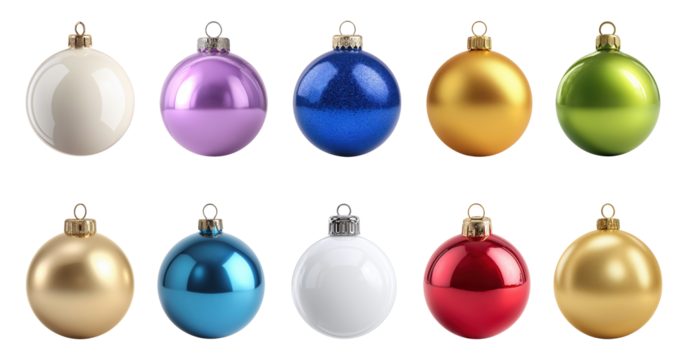 Big collection of Christmas balls in various colors isolated on transparent background