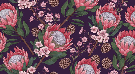 Vibrant Protea and Cherry Blossom Floral Pattern on Dark Background.