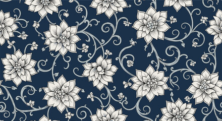 Elegant White Flowers with Intricate Swirling Vines on Deep Blue Background.