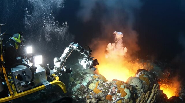 Robot operates near underwater volcano, capturing dramatic steam and bubbles in dark ocean setting. Concept of marine exploration, technological innovation, oceanography