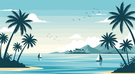 Tropical Beach Paradise with Palm Trees and Ocean View.