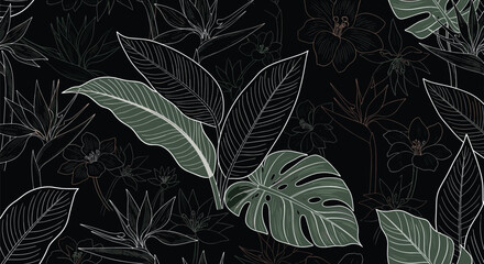 Elegant Tropical Leaves Illustration on Dark Background.