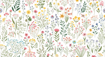 Delicate Floral Pattern with Watercolor Style Flowers and Foliage.