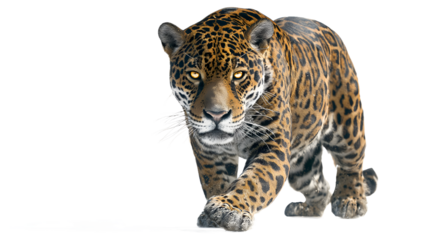 Closeup of a jaguars face as it walks forward, its intense gaze and unique spotted pattern highlighted against a plain transparent background