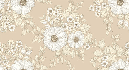 Elegant Floral Pattern with White and Beige Flowers.