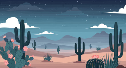Desert landscape with various cacti under a night sky.