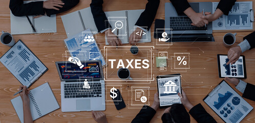 Concept of tax preparation and financial compliance. Filing official tax documents and forms for...