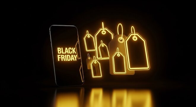 Black Friday sale ad concept. Smartphone display featuring 'Black Friday' text & shopping tags. Ideal for advertising, e-commerce & holiday marketing campaigns.