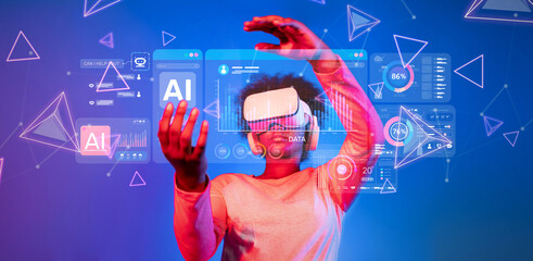 A young person engages with virtual reality technology while exploring data analytics and AI,...