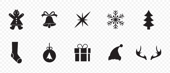 Modern christmas symbol collection with tree santa hat gift reindeer head stocking candy cane snowflake and holly, bright color icon pack, flat style vector