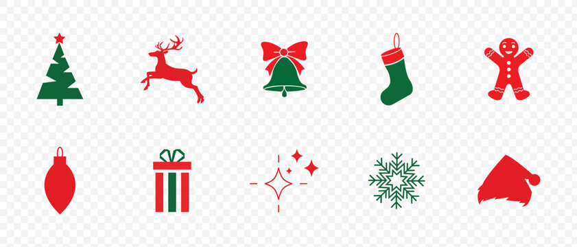 Modern christmas symbol collection with tree santa hat gift reindeer head stocking candy cane snowflake and holly, bright color icon pack, flat style vector