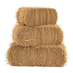 Three rectangular hay bales stacked on top of each other isolated on transparent background