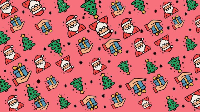 Doodle christmas pattern of trees, santa faces, and gifts. Playful holiday design. Suitable for festive decor, cards, and merchandise.