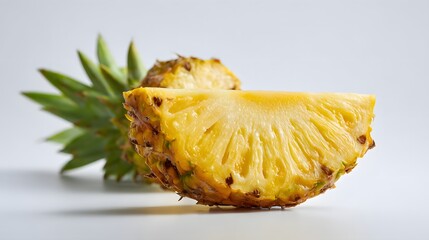 Slice of ripe tropical fruit rests against the blurred remainder of its whole form on a light surface