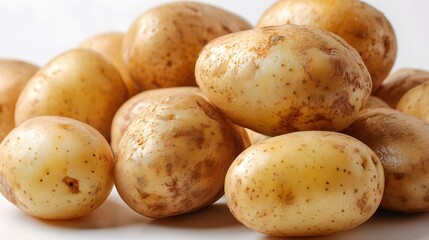 Pile of fresh, unpeeled tubers sits against a bright background