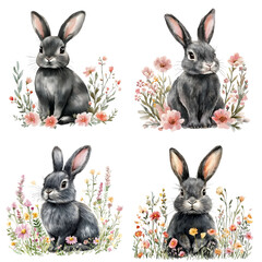 Watercolor black bunny isolated. Rabbit, flowers isolated on a transparent background