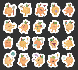 Apricot character set in scandinavian style showing different emotions and poses while playing with soccer ball, reading book, holding gift, balloon, mirror, sparkler, heart