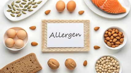 Allergen food ingredients flat lay isolated on white background, including eggs, nuts, seeds, salmon, bread, and soy, for allergy awareness