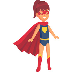 Cartoon girl dressed as a superhero standing with a red cape and mask in a dynamic pose against a white background