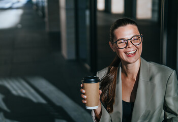 Smiling woman holding a coffee cup, basking in warm sunlight, enjoying a moment of relaxation and contentment in the city.