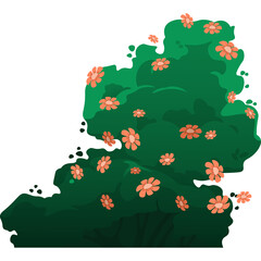 Green Bush With Small Orange Flowers In Flat Design Style With Transparent Background