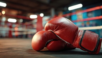 Red boxing gloves rest on the floor of a boxing ring