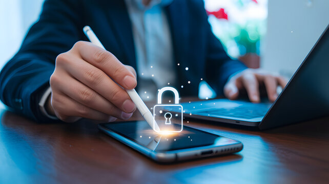 Secure digital transactions on mobile with a stylus pen for safe banking, offering peace of mind with modern security features and data protection