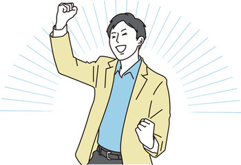 拳をあげてガッツポーズの若い男性のイラスト素材