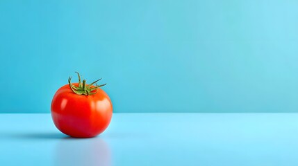 Single vibrant red ripe fruit rests on a reflective cyan surface against a solid blue background