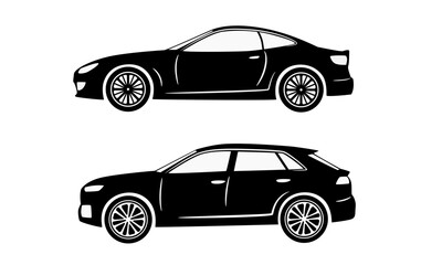 Naklejka premium Black car silhouette of sedan and SUV, side view isolated on a white background