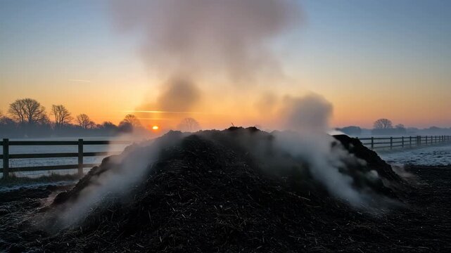 A steaming manure pile in a field at sunrise, with the sun creating a beautiful contrast against the dark earth and misty air
