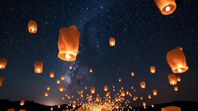 Releasing Sky Lanterns Glowing Against Starry Night Sky, Wishing Ceremony
