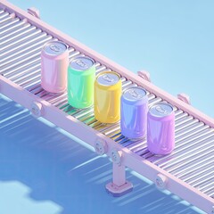 Pastel-colored cans on a conveyor belt
