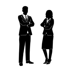 Man and women silhouette in office attire, standing sideways, hands folded isolated on a white background