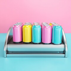 Colorful cans arranged on a metallic cooler against a pastel background