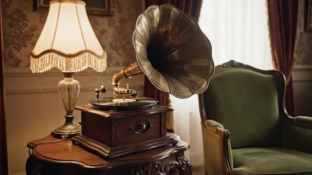 Vintage gramophone playing music record old phonograph antique audio device classic sound reproduction equipment