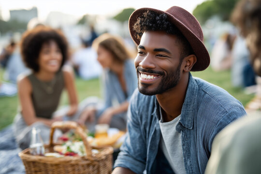A man wearing a hat is smiling at the camera while sitting on a blanket with a b