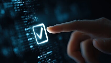 A finger touches a glowing checkmark icon on a dark screen filled with code