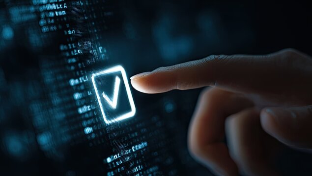 A finger touches a glowing checkmark icon on a dark screen filled with code
