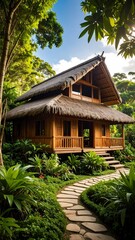 Rustic wooden bungalow in a lush tropical jungle