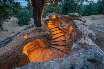 Wooden carved steps, illuminated, nestled in a tree trunk,  outdoor setting