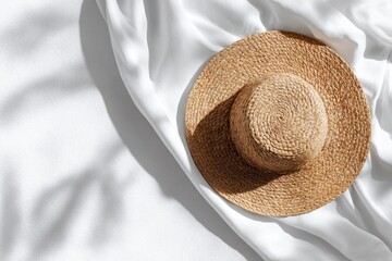 Light beige straw hat on white draped fabric, with sun shadows