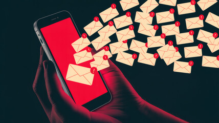 Hand Holding Smartphone with Overflowing Spam Email Messages Digital Communication Overload Notification Concept for Cyber Security and Phishing Scams