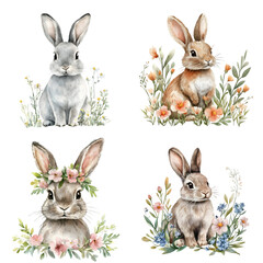 Watercolor bunny isolated. Rabbit, flowers for spring print, invitation, card, poster isolated on a transparent background