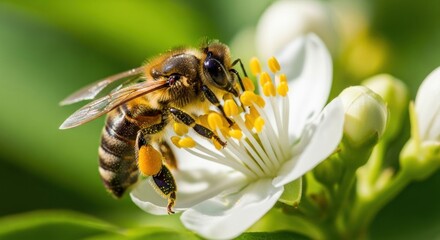 Honeybee Pollinating White Flower, Close-Up Detail, Sunny Day