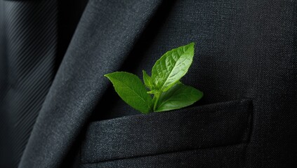 Green sprout in a suit pocket